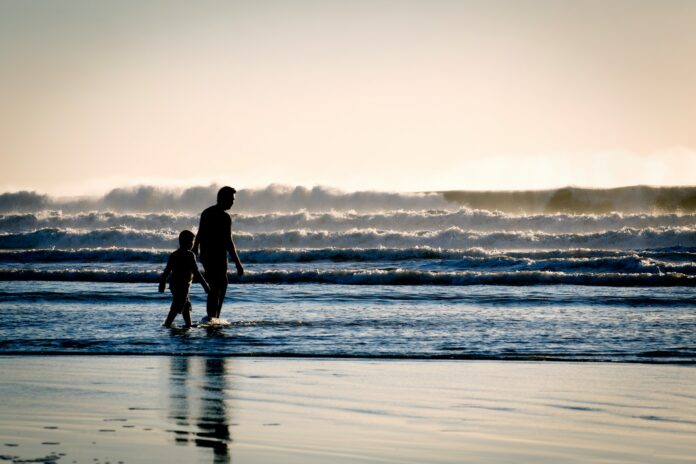 silhouette of a man and a boy on the seashore